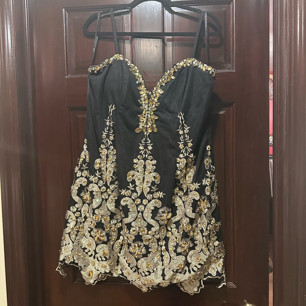 Dave & Johnny Black and Gold Embellished Dress